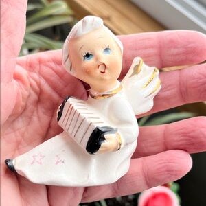 Vtg Sitting Angel Playing Accordian Porcelain Figurine Music Theme MCM 2.5”